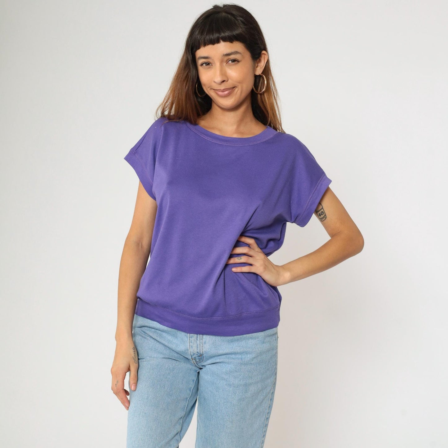 90s Purple T-Shirt Dolman Sleeve Banded Hem Slouchy Fit Large