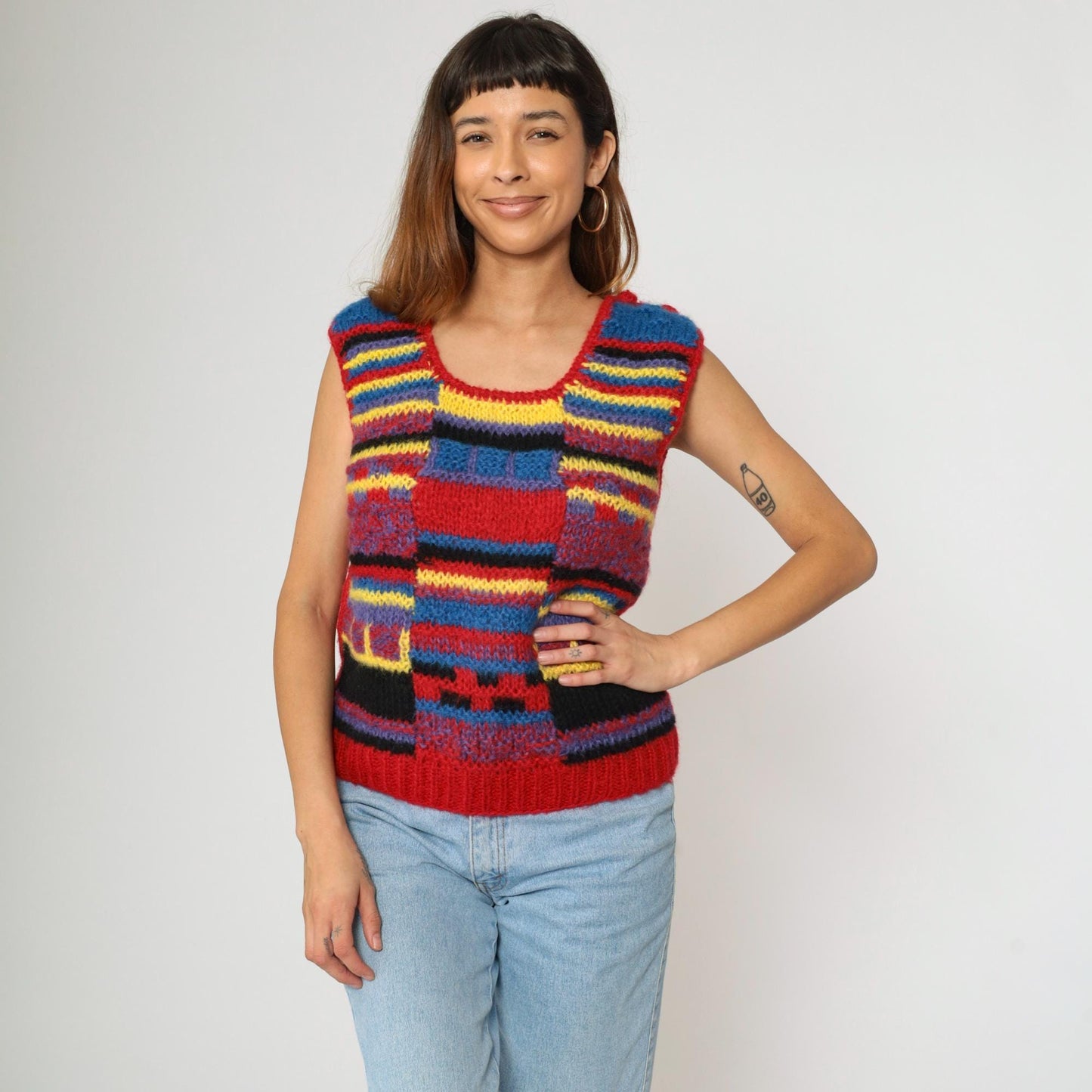 80s Checkered Knit Vest Red Blue Yellow Scoop Neck Sleeveless Small
