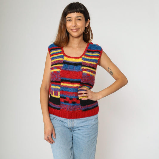 80s Checkered Knit Vest Red Blue Yellow Scoop Neck Sleeveless Small