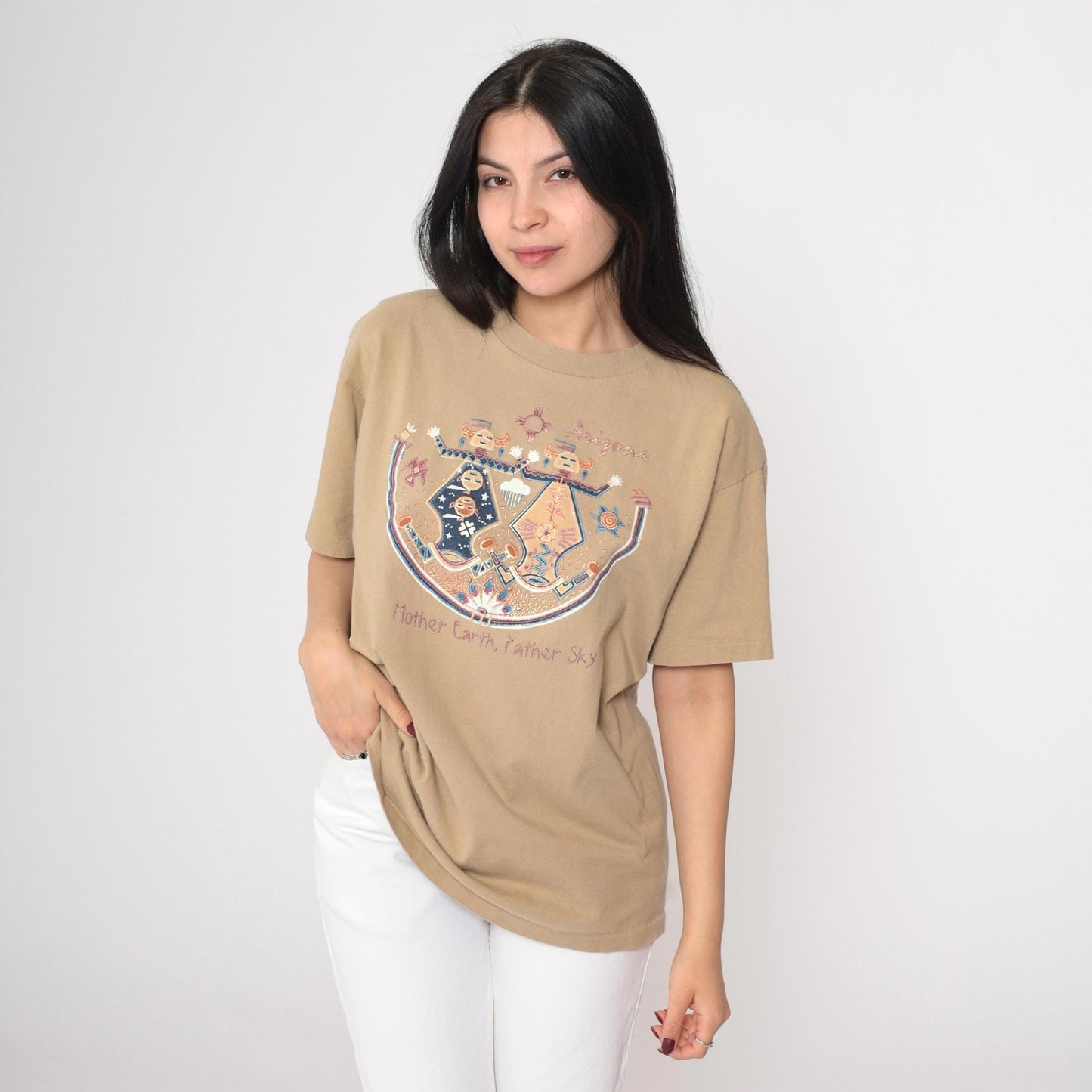 90s Arizona Native American Mother Earth Father Sky Graphic Tee Beige Cotton Large