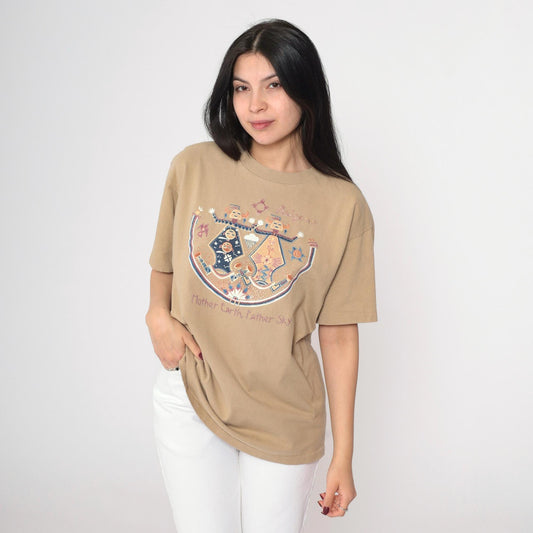 90s Arizona Native American Mother Earth Father Sky Graphic Tee Beige Cotton Large
