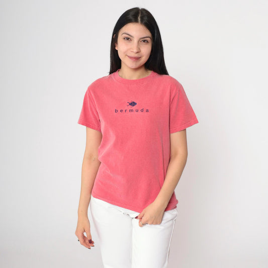 90s Bermuda Island Fish Embroidered T-Shirt Pink Cotton Small S