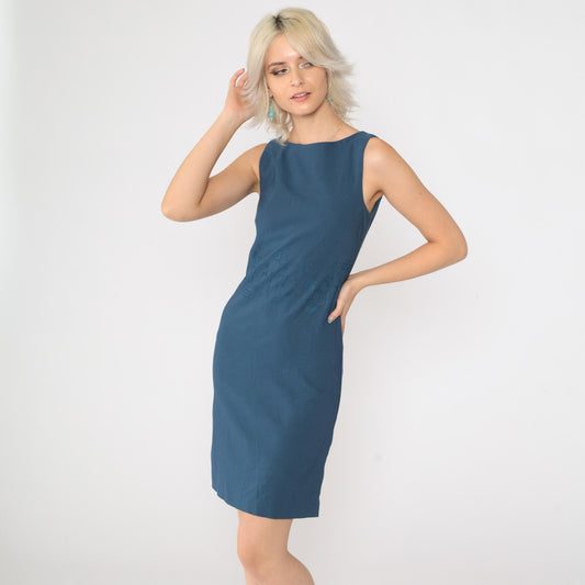 90s Blue Floral Embroidered Sheath Mini Dress Sleeveless Extra Small