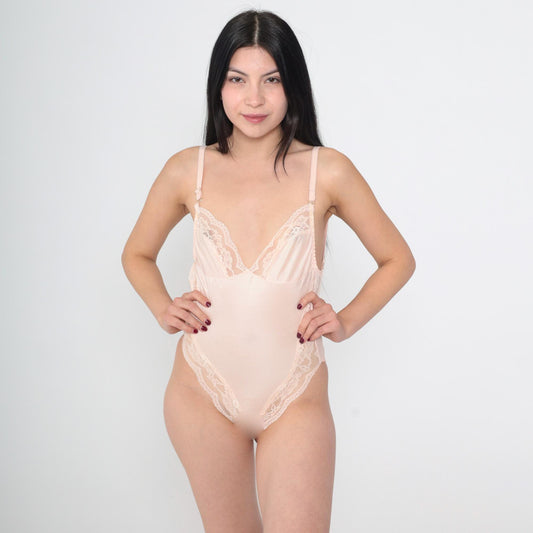 80s Berlei Baby Pink Lace Teddy Bodysuit High Cut V-Neck Small S