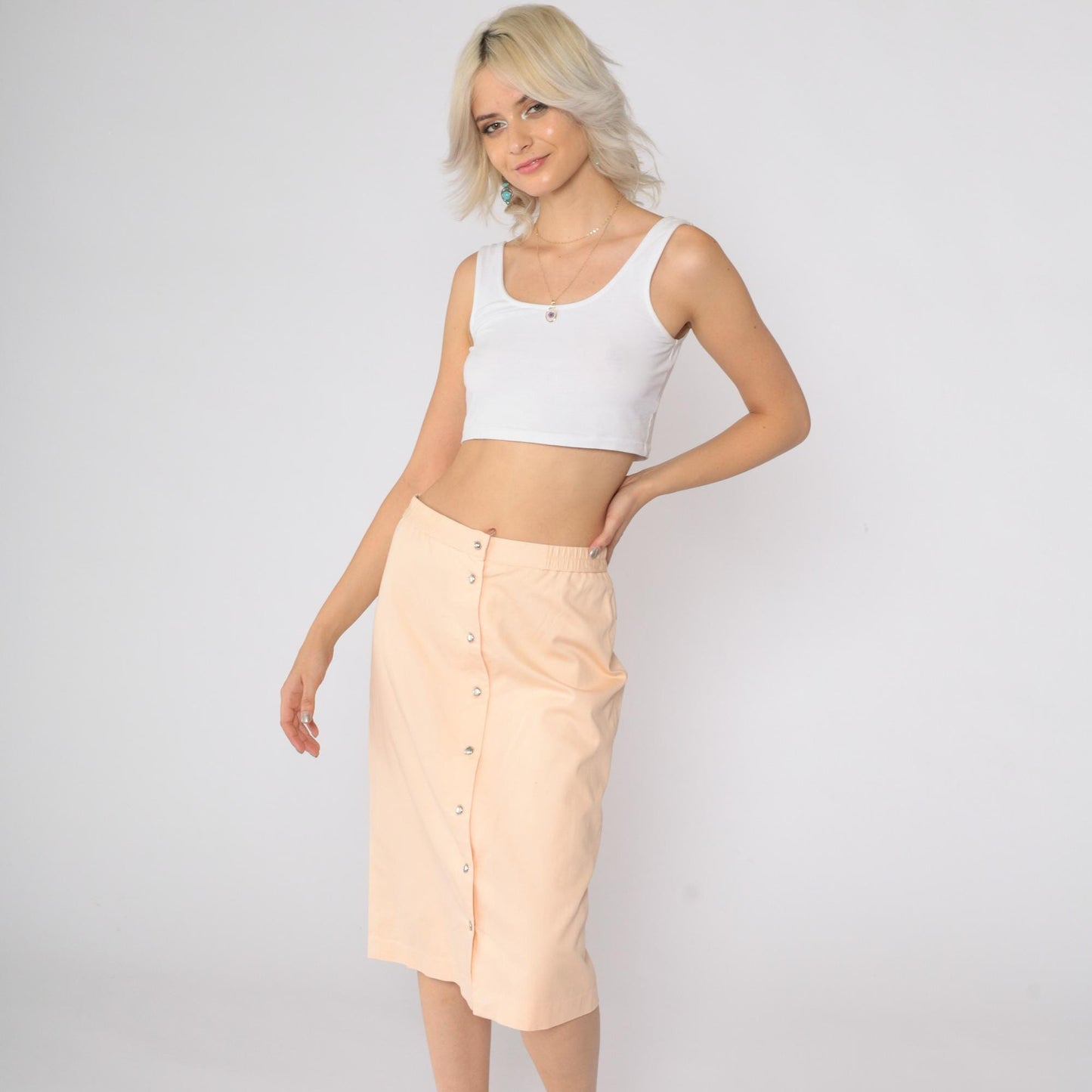 80s Peach Snap-Front Midi Skirt Studded Sides High Waist Medium