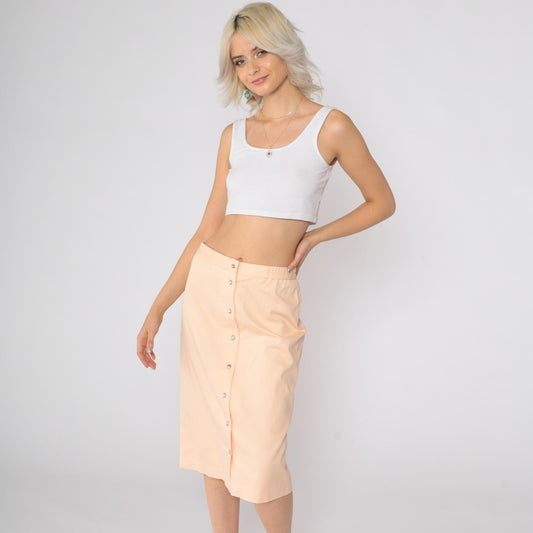 80s Peach Snap-Front Midi Skirt Studded Sides High Waist Medium