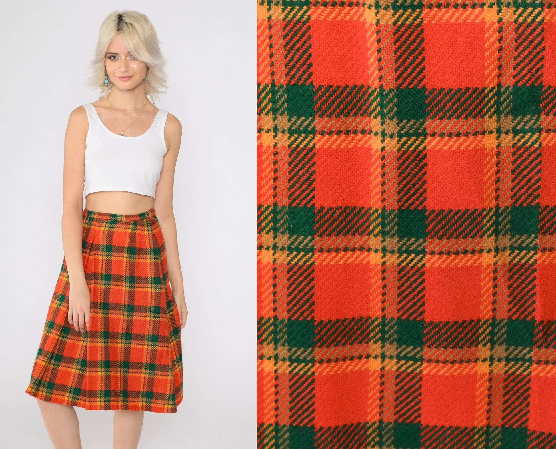 70s Plaid Wool Midi Skirt High Waisted Pleated Tartan Small