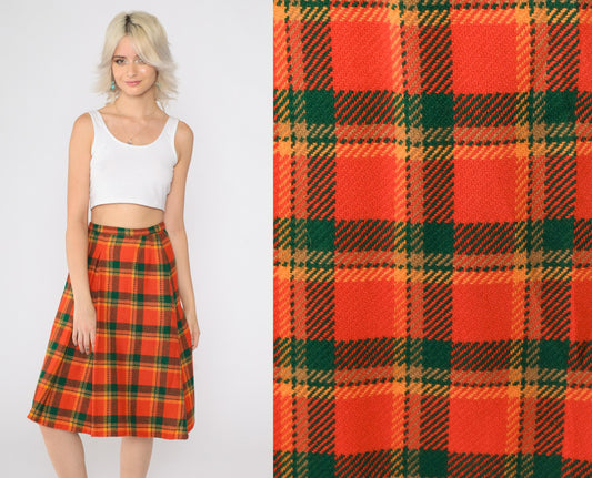 70s Plaid Wool Midi Skirt High Waisted Pleated Tartan Small