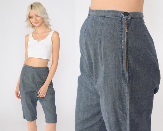 60s Blue Chambray Capri Pants High Waist Side Zipper Knee Length Small