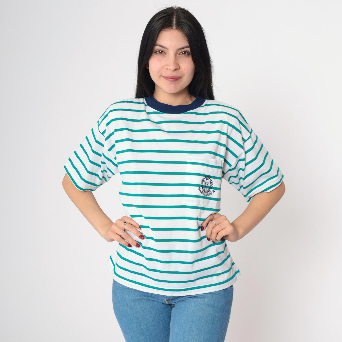 90s Royal Academy Crest Striped T-Shirt Green White Ringer Tee Medium
