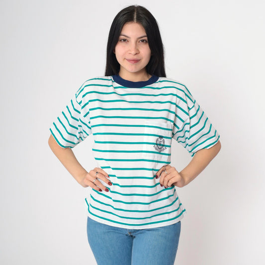 90s Royal Academy Crest Striped T-Shirt Green White Ringer Tee Medium