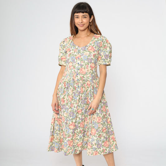 80s Floral Midi Dress Puff Sleeve Button-Up Cream Small Medium