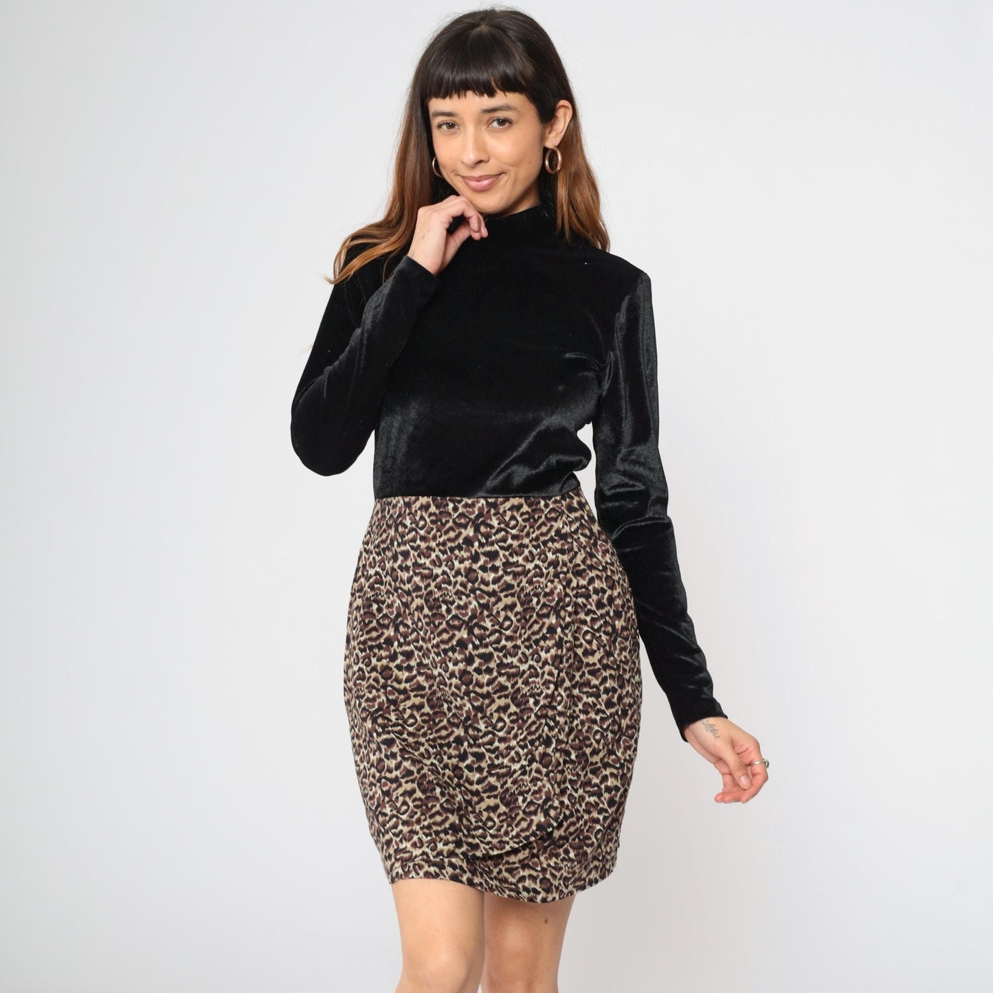 90s Velour Leopard Print Mini Dress Mock Neck Black Long Sleeve Small