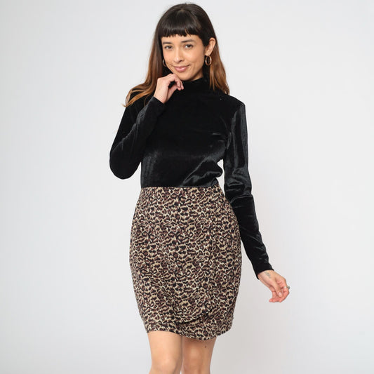 90s Velour Leopard Print Mini Dress Mock Neck Black Long Sleeve Small
