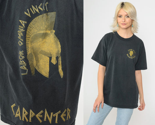 90s Carpenter T-Shirt Spartan Helmet Labor Omnia Vincit Gold Charcoal Large L