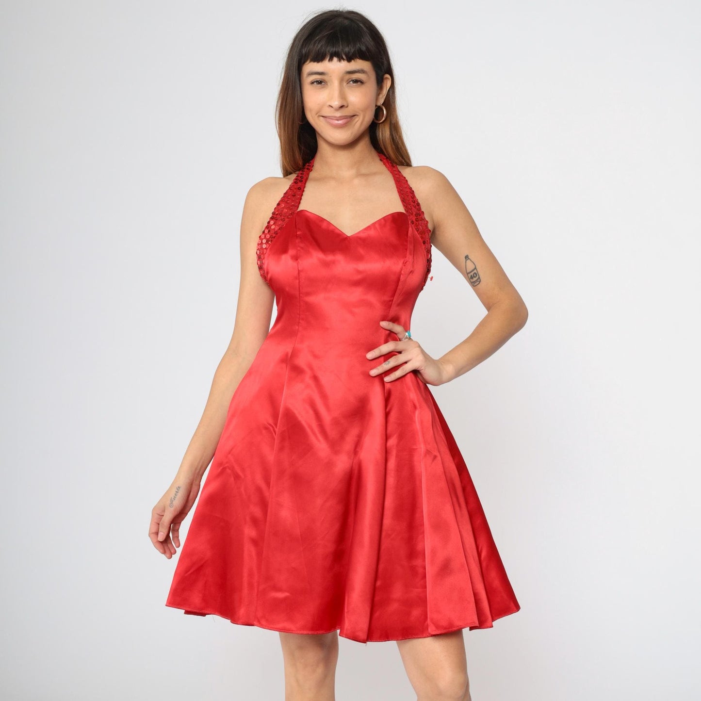90s Zum Zum Red Satin Sequin Mini Halter Dress Open Back Medium