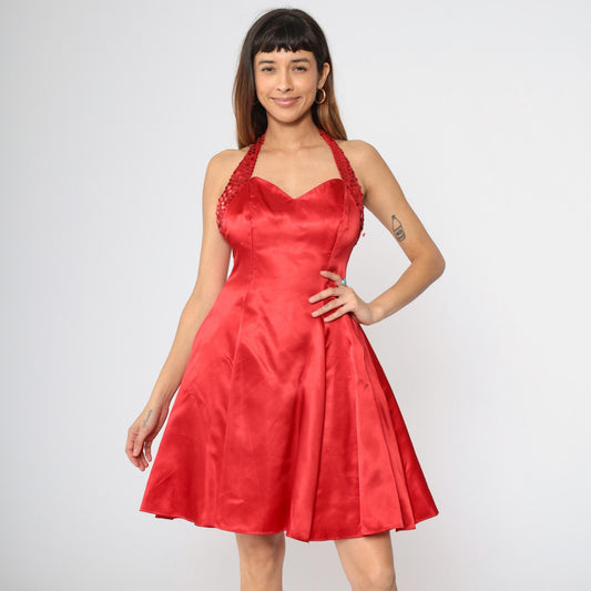 90s Zum Zum Red Satin Sequin Mini Halter Dress Open Back Medium