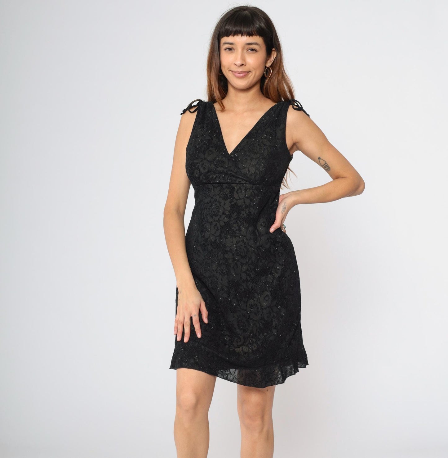 90s Y2K Black Floral Metallic Mini Dress Empire Waist V-Neck Small