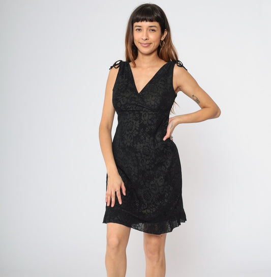 90s Y2K Black Floral Metallic Mini Dress Empire Waist V-Neck Small