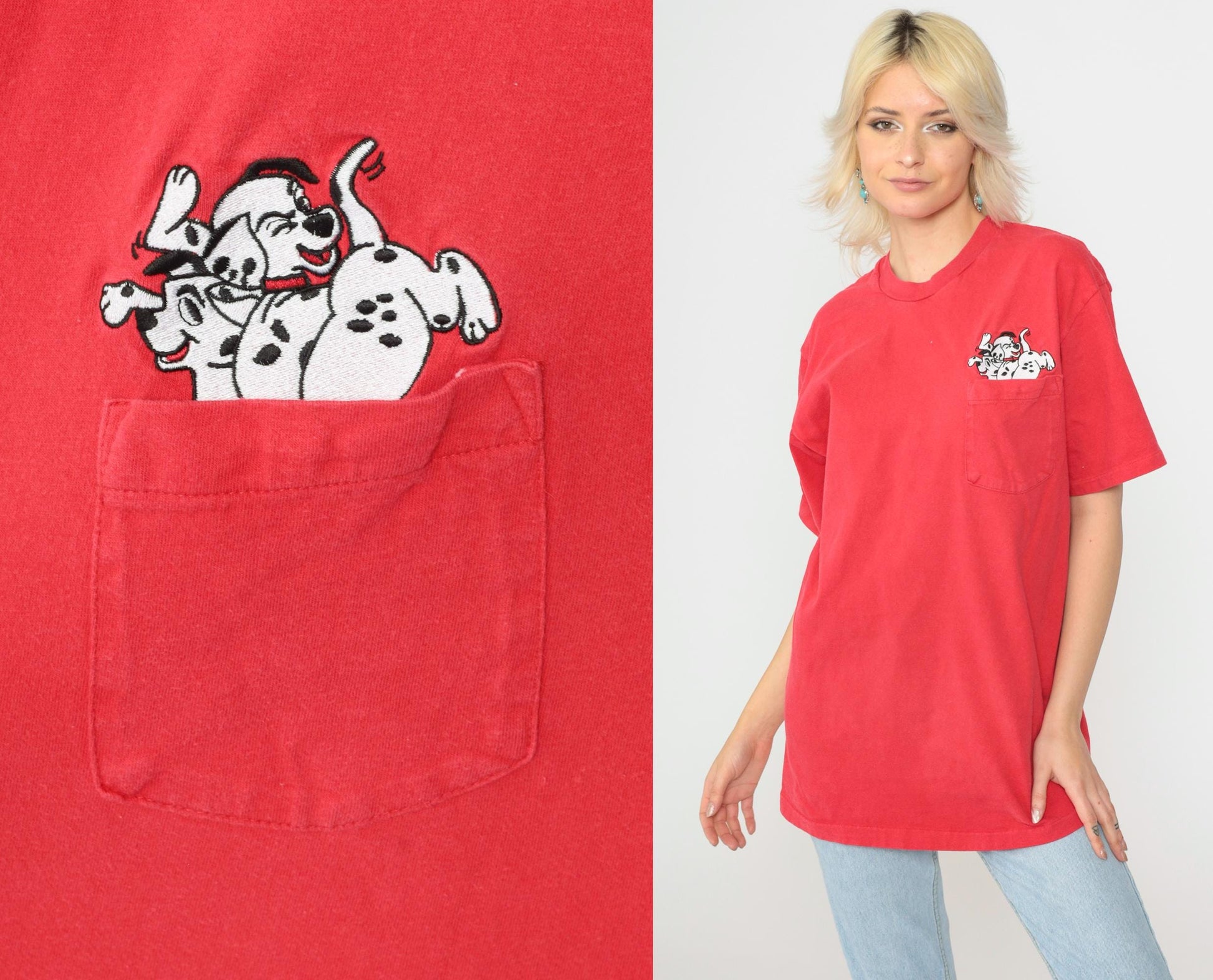 90s Disney Store 101 Dalmatians Red Graphic T-Shirt Pocket Tee Medium