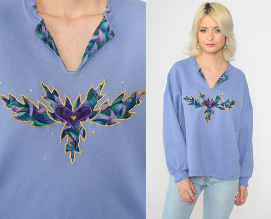 90s Jerzees Heart Leaf Studded Sweatshirt Lavender V-Neck Extra Large XXL