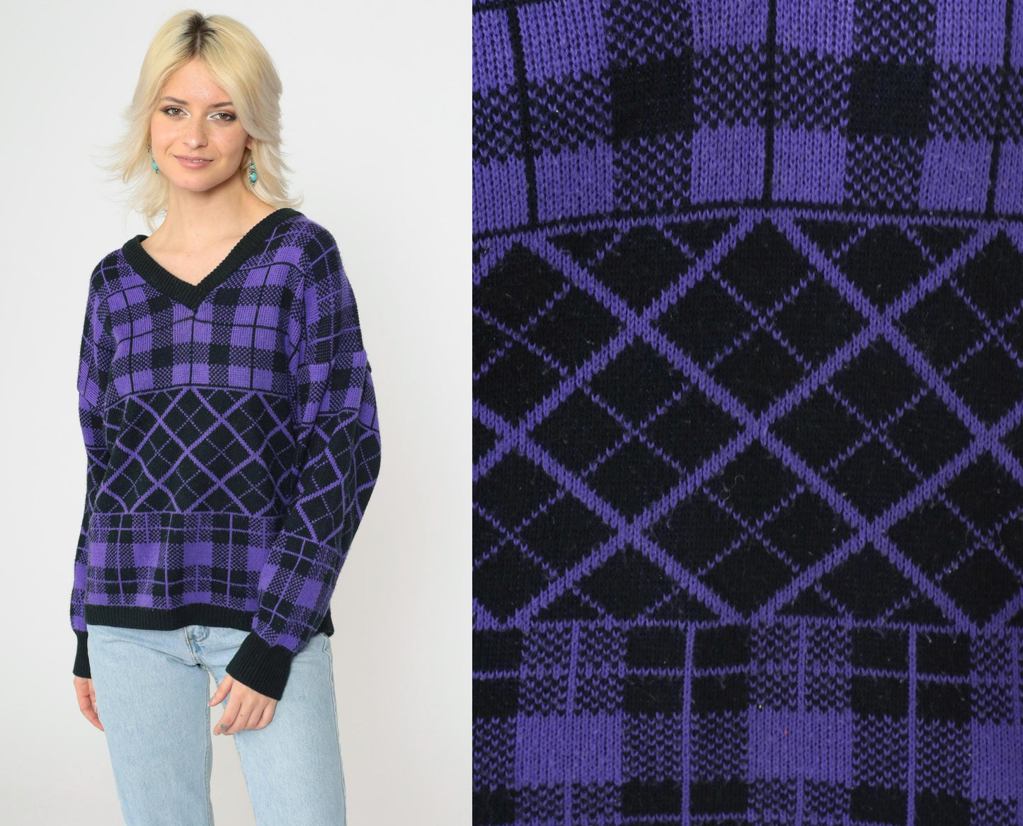 90s Purple Black Checkered Sweater V Neck Knit Pullover Plus Size XXL