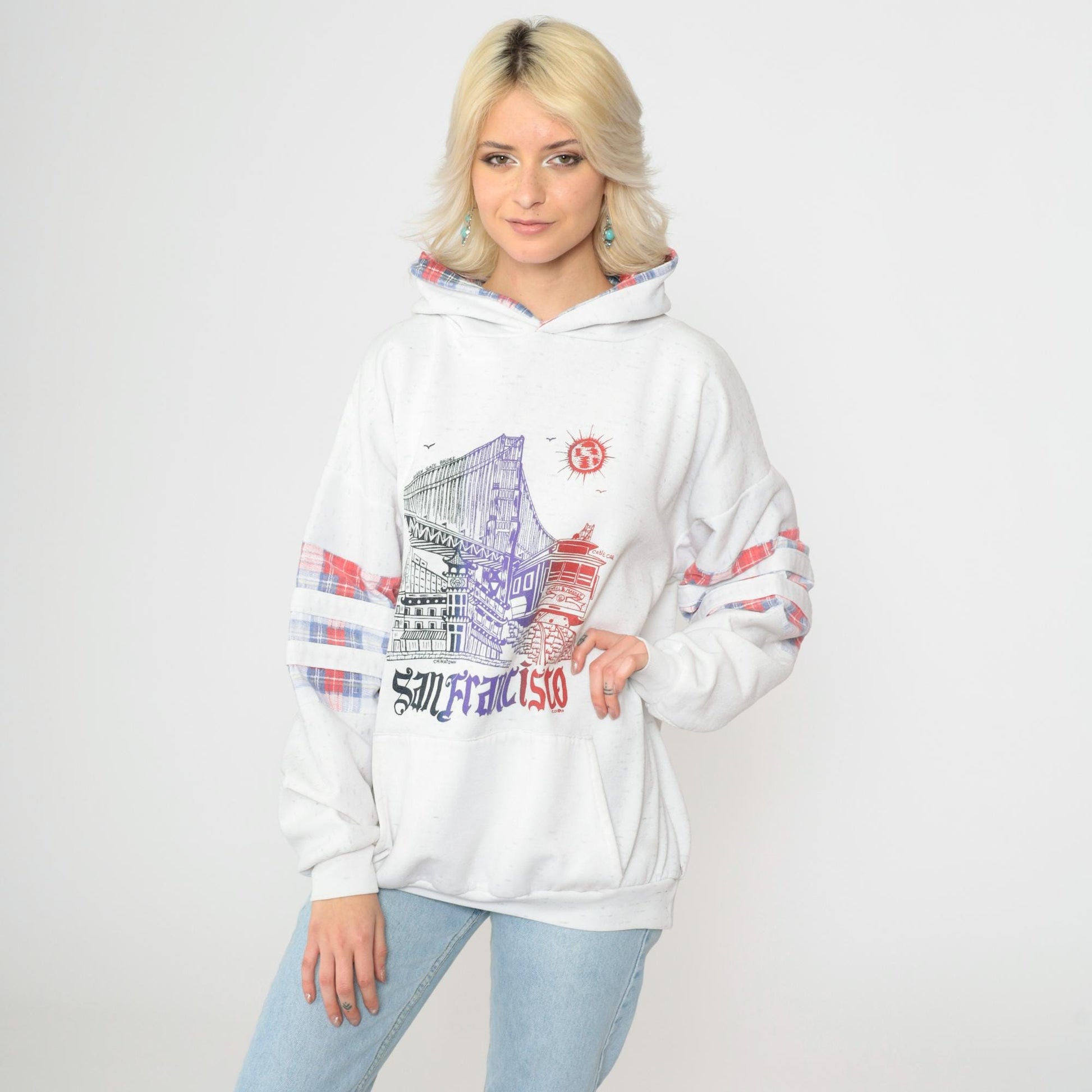 90s San Francisco Chinatown Golden Gate Bridge Hoodie Heather White Extra Large