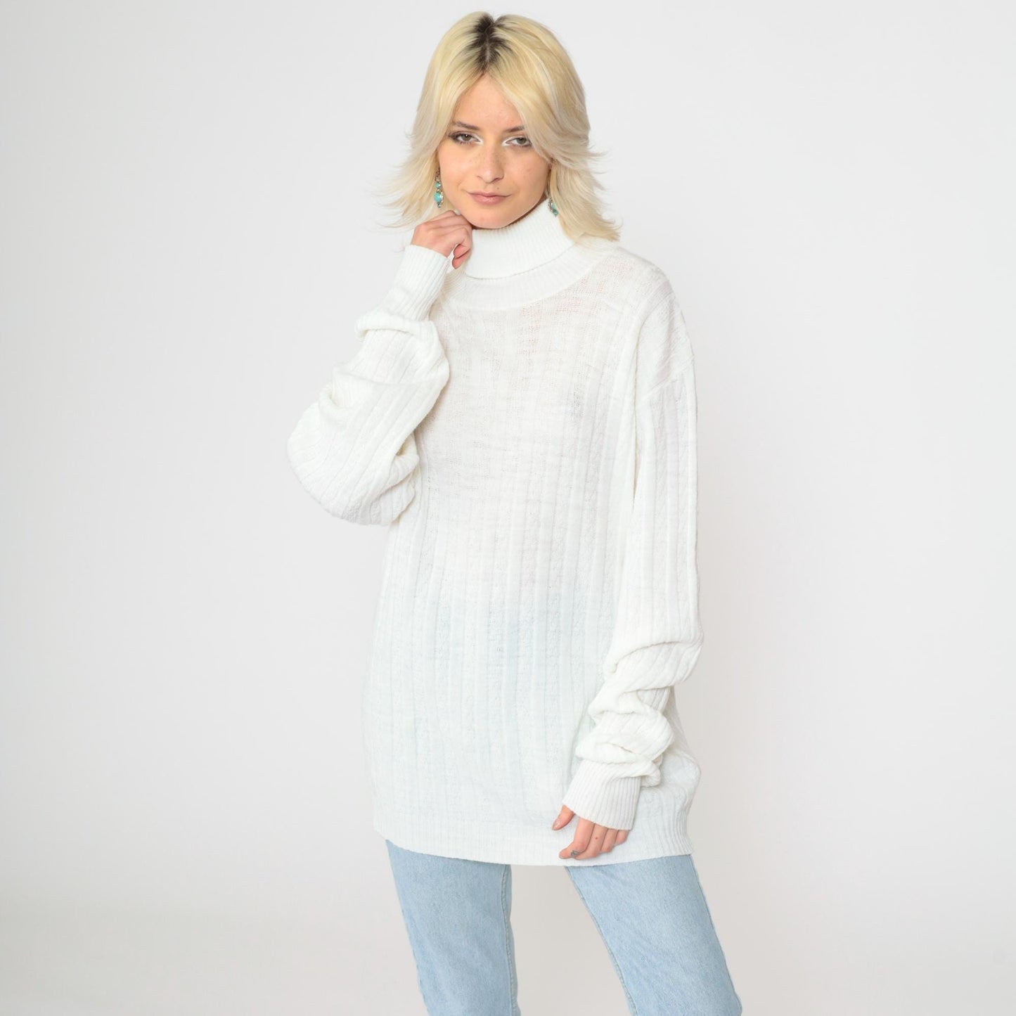 80s White Cable Knit Turtleneck Sweater Pullover Extra Large Long