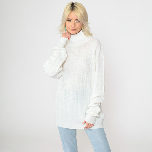 80s White Cable Knit Turtleneck Sweater Pullover Extra Large Long