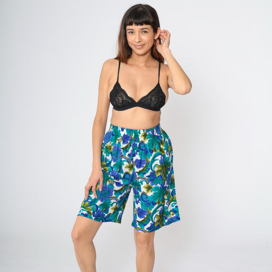 90s Lee Blue Floral High-Waist Wide-Leg Shorts Small