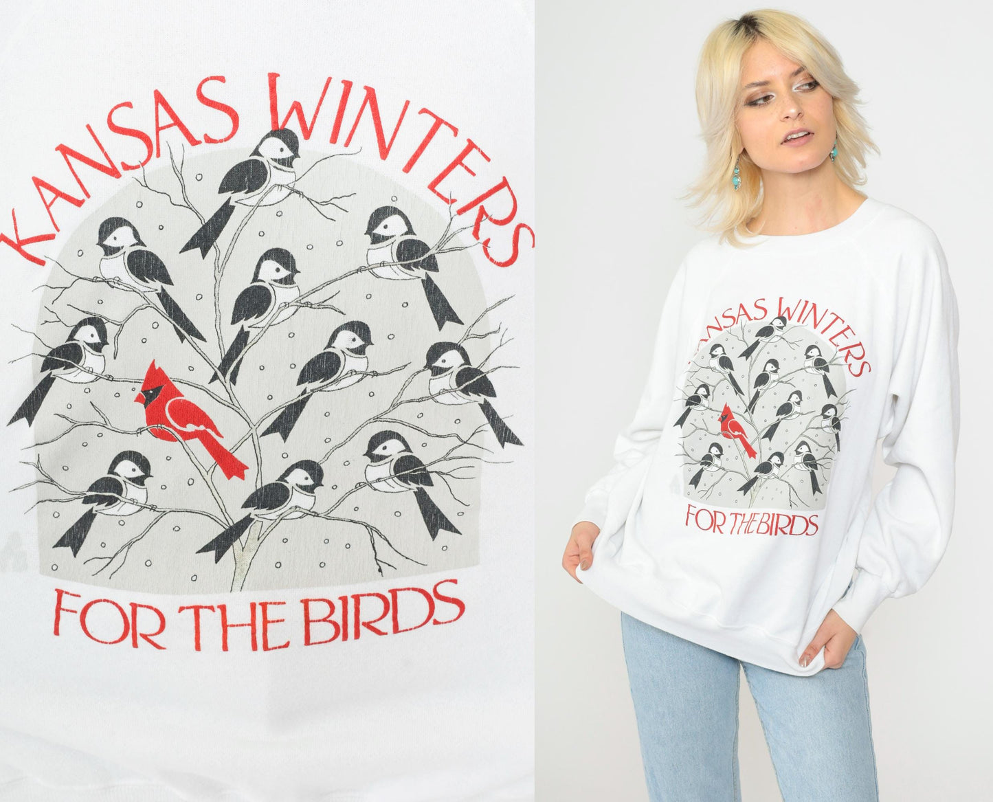 90s Kansas Winter Bird Graphic Sweatshirt White Crewneck Large