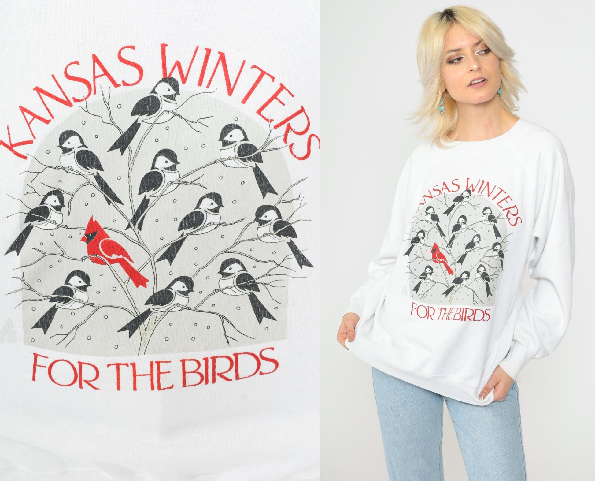 90s Kansas Winter Bird Graphic Sweatshirt White Crewneck Large