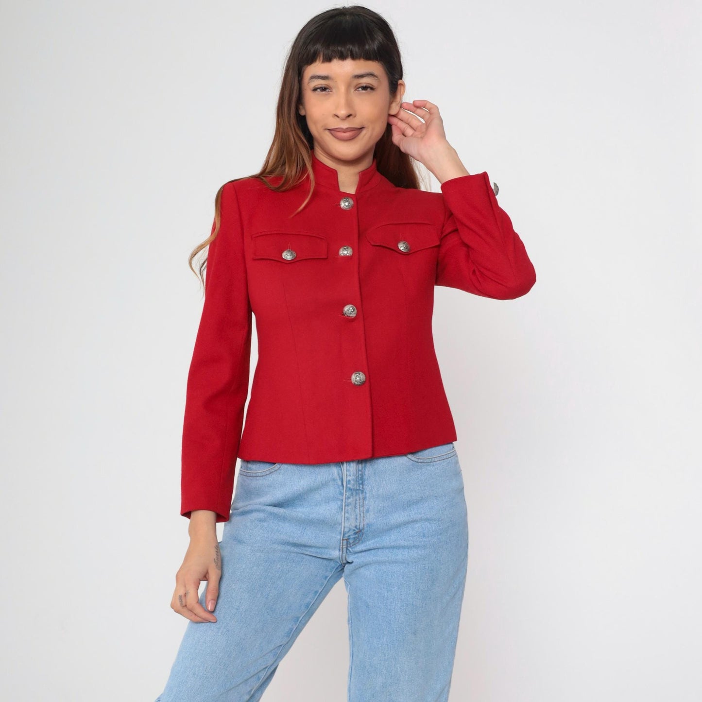 90s Red Wool Blazer Mandarin Collar Tailored Jacket Extra Small