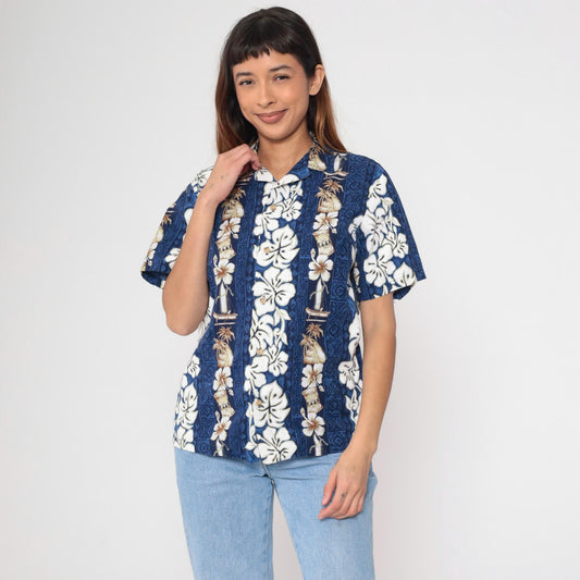 90s RJC Hawaiian Shirt Blue Tropical Floral Hibiscus Aloha Small
