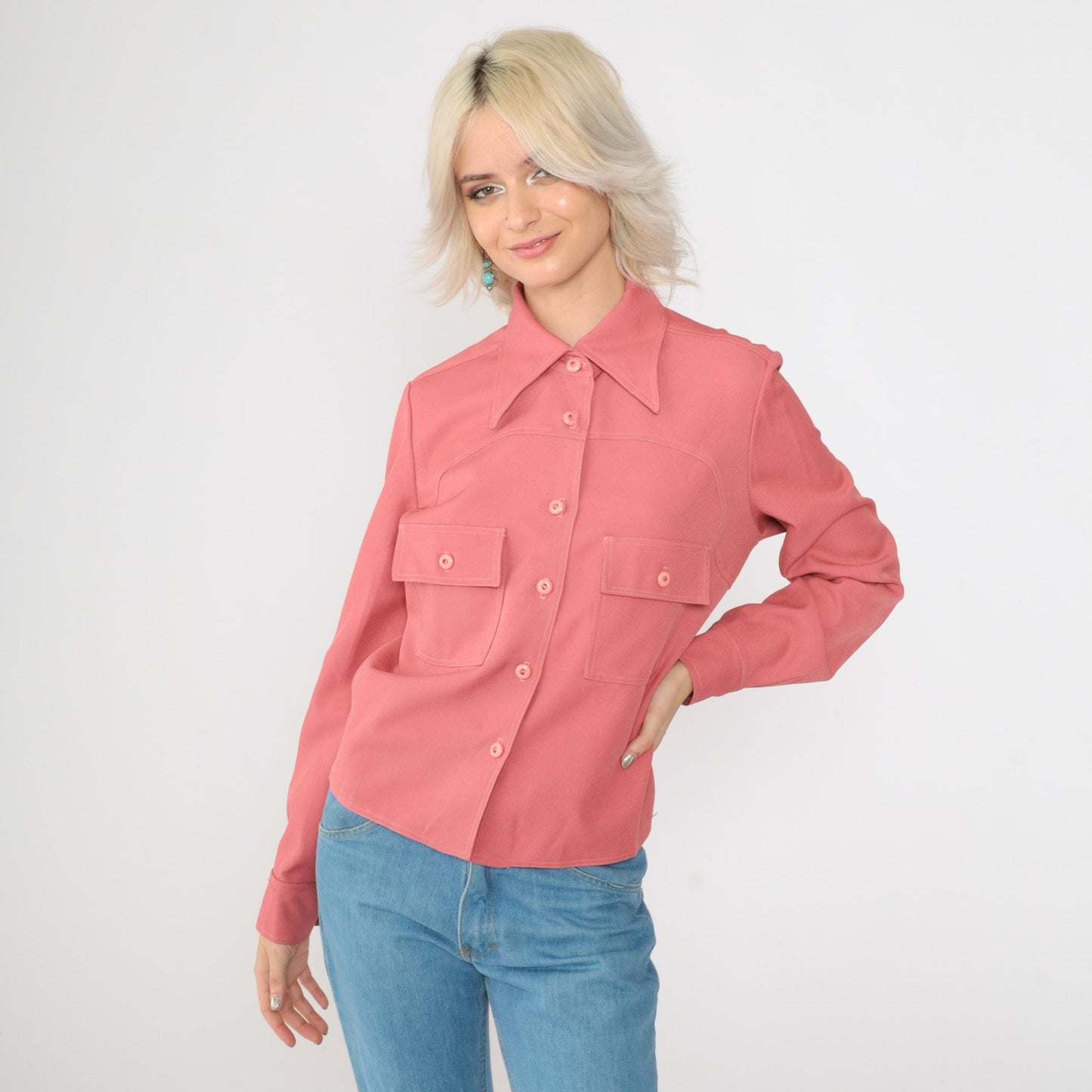 70s Pink Dagger Collar Button-Up Blouse Long Sleeve Chest Pocket Medium