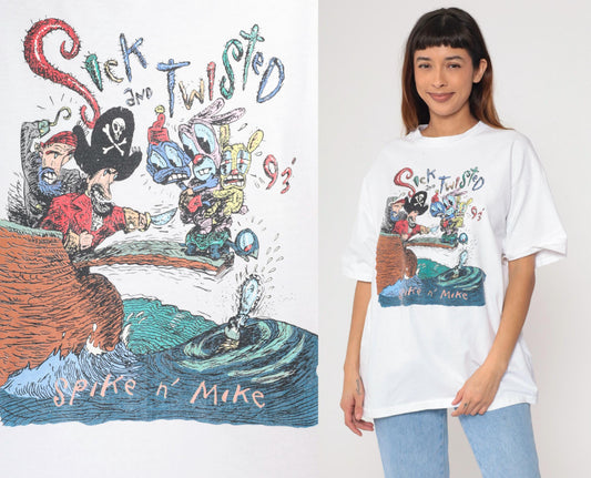 90s Spike n' Mike Sick and Twisted Festival Animation T-Shirt 1993 Pirate Graphic White Extra Large XL