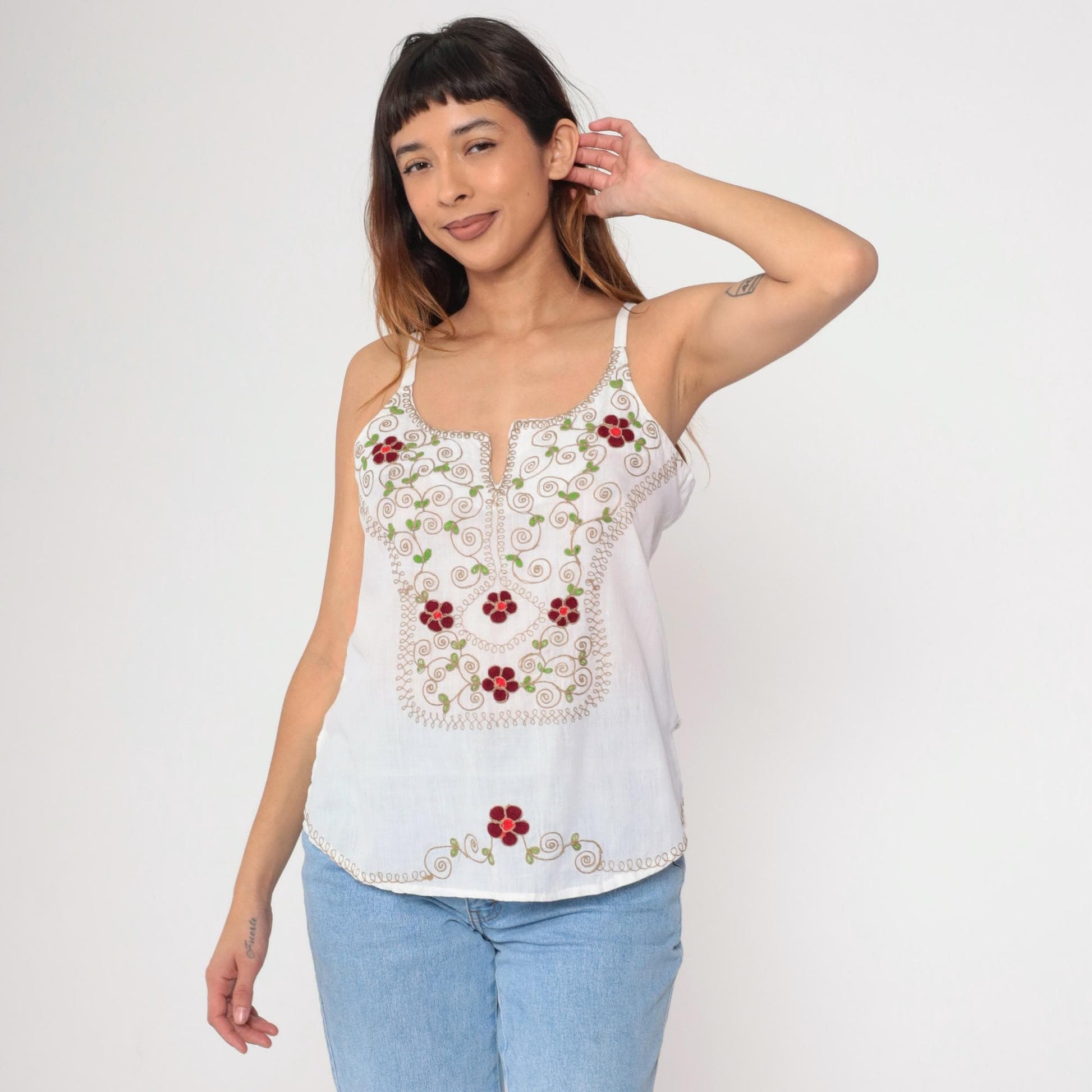 90s White Floral Embroidered Tank Top Spaghetti Strap Split Neck Small Medium