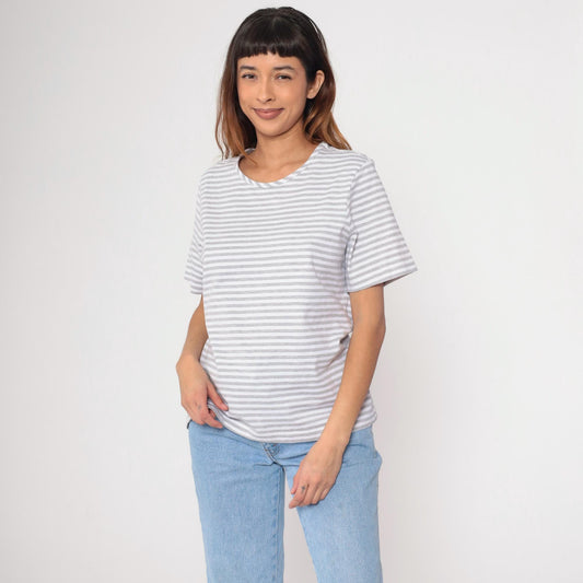 90s Grey & White Striped T-Shirt Cotton Blend Crewneck Large
