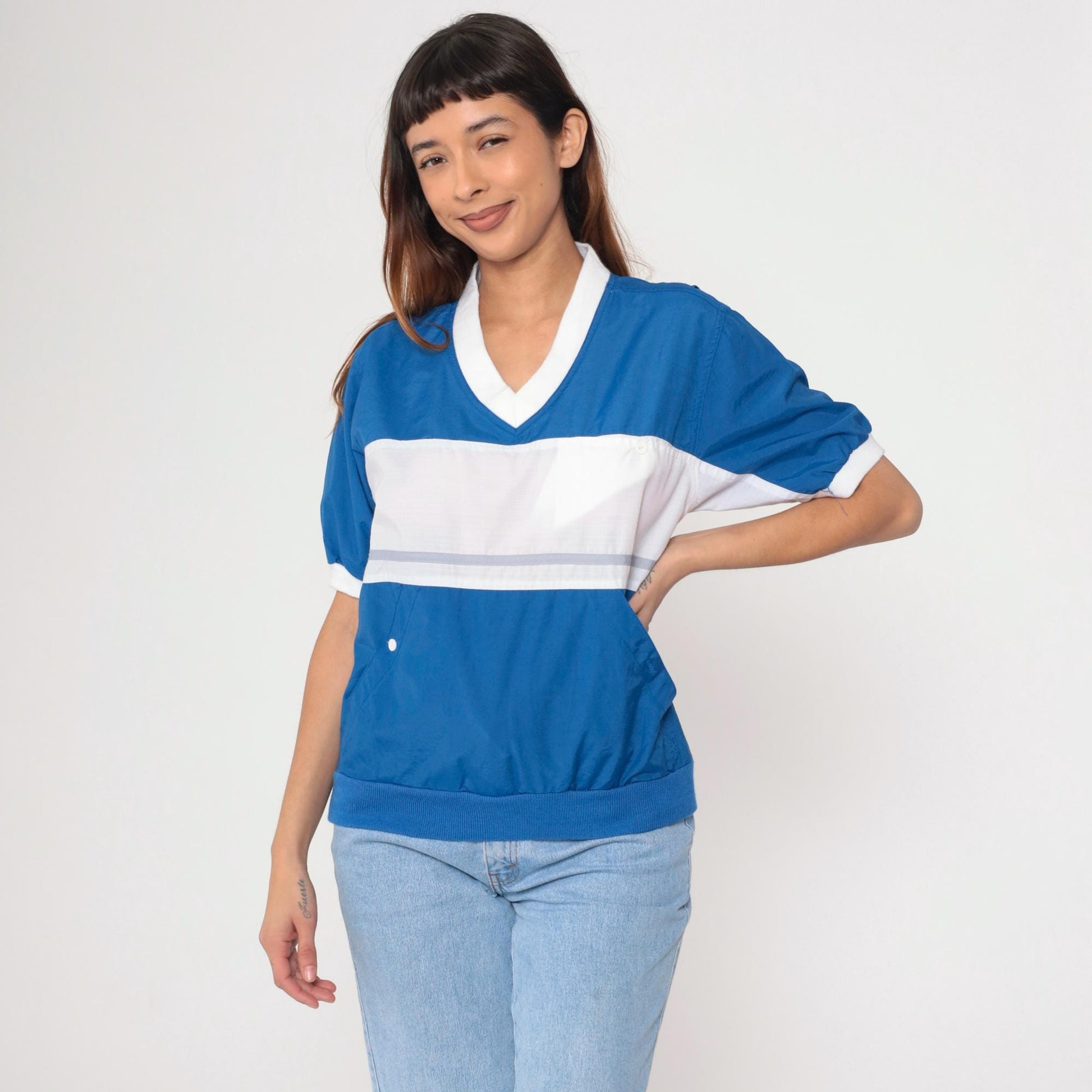 80s Pierre Cardin Ringer Tee White Blue Colour Block V-Neck Small S