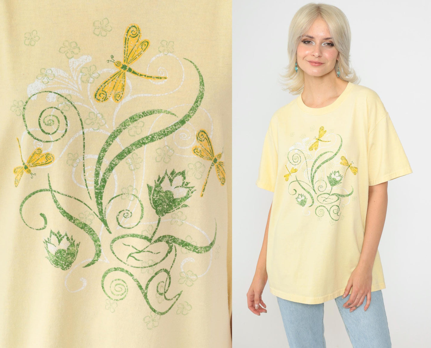 Y2K Dragonfly Floral Graphic Tee Yellow Short Sleeve Crewneck Medium