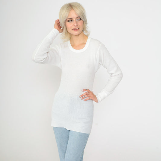80s White Thermal Waffle Knit Long Sleeve Undershirt Small