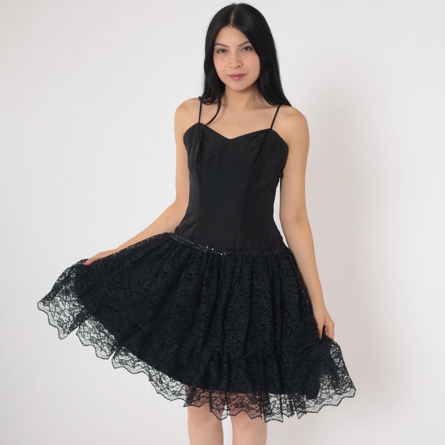 80s Black Lace Midi Dress Sweetheart Neckline Sequin Spaghetti Strap Extra Small