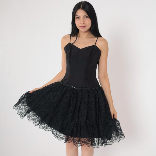 80s Black Lace Midi Dress Sweetheart Neckline Sequin Spaghetti Strap Extra Small