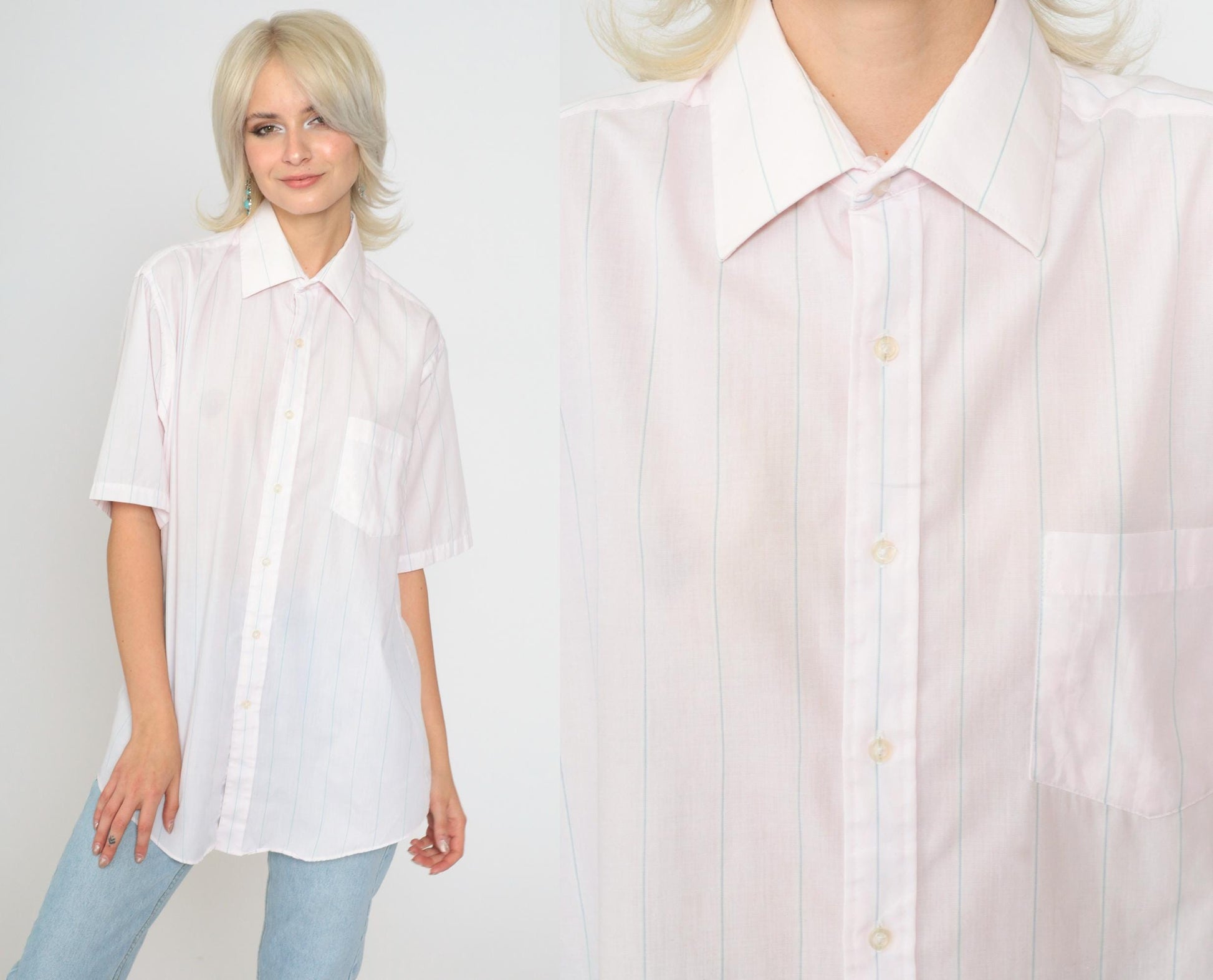 90s Van Heusen Striped Oxford Button-Up Shirt Baby Pink Blue Men's Medium