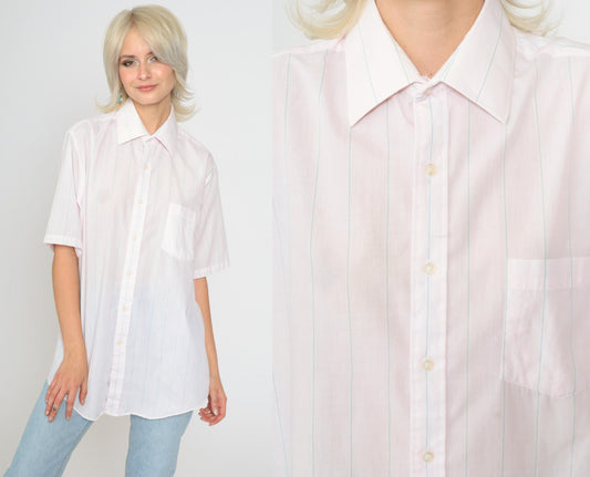 90s Van Heusen Striped Oxford Button-Up Shirt Baby Pink Blue Men's Medium