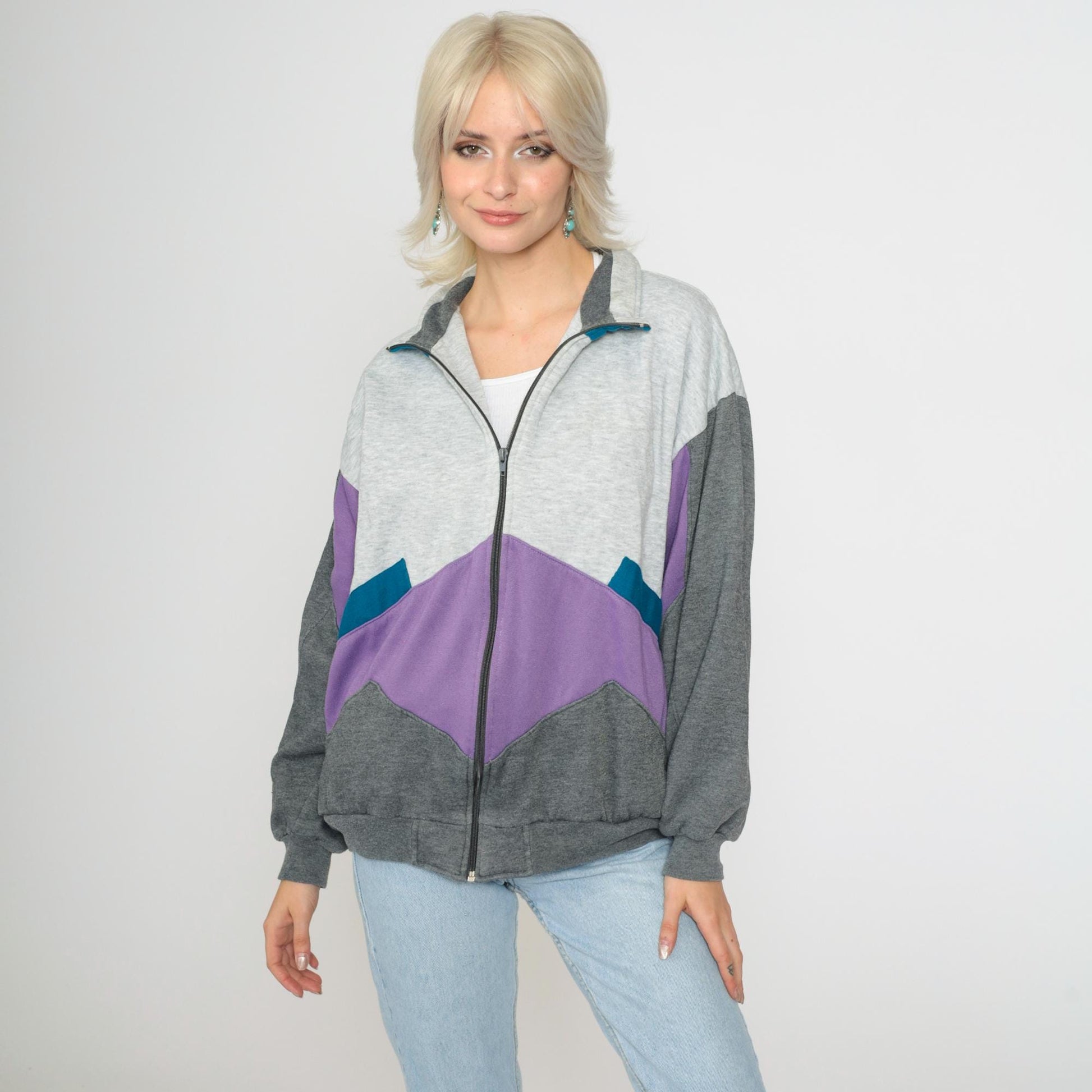 90s Colorblock Zip Sweatshirt Grey Purple Track Jacket Large L