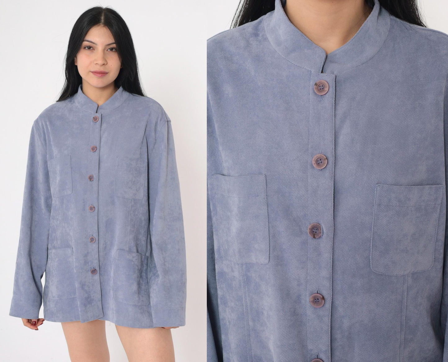 90s Blue Mottled Ribbed Jacket Stand Collar Button-Up Shacket Extra Large