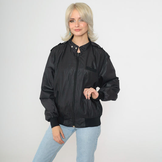80s Aventura Black Shiny Bomber Jacket Zip Windbreaker Large L
