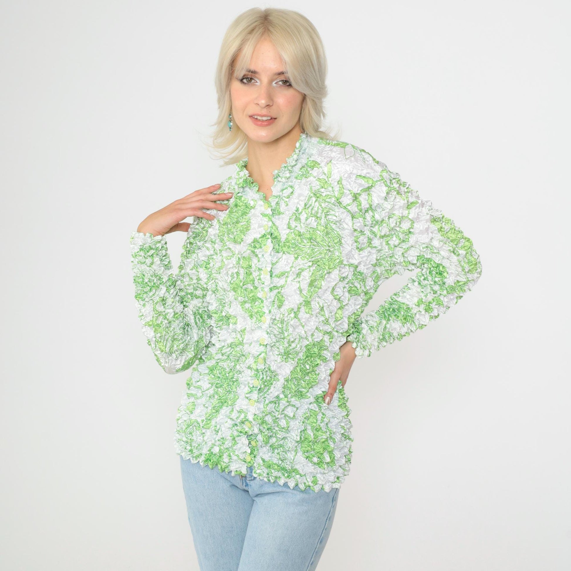 Y2K Tropical Leaf Popcorn Shirt White Green Long Sleeve Button Up Small