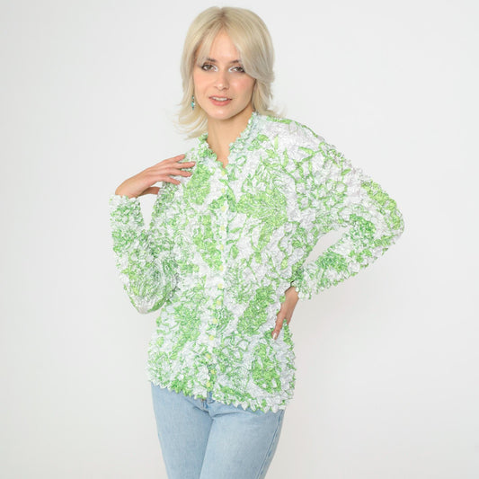 Y2K Tropical Leaf Popcorn Shirt White Green Long Sleeve Button Up Small